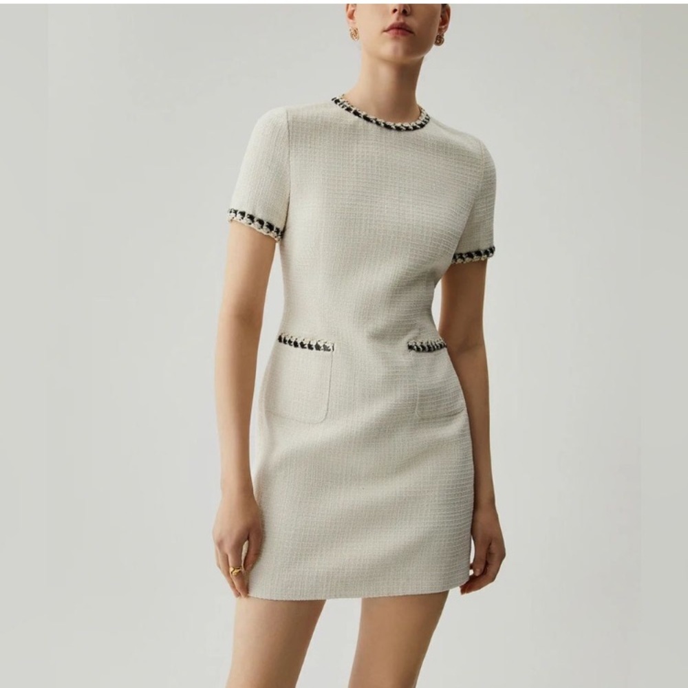 Commense Tweed Dress White Short Sleeve Pocket Mini SZ L NWT